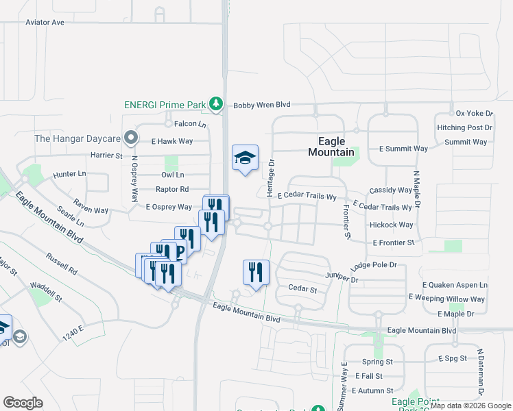 map of restaurants, bars, coffee shops, grocery stores, and more near 4384 Stone Creek Way in Eagle Mountain