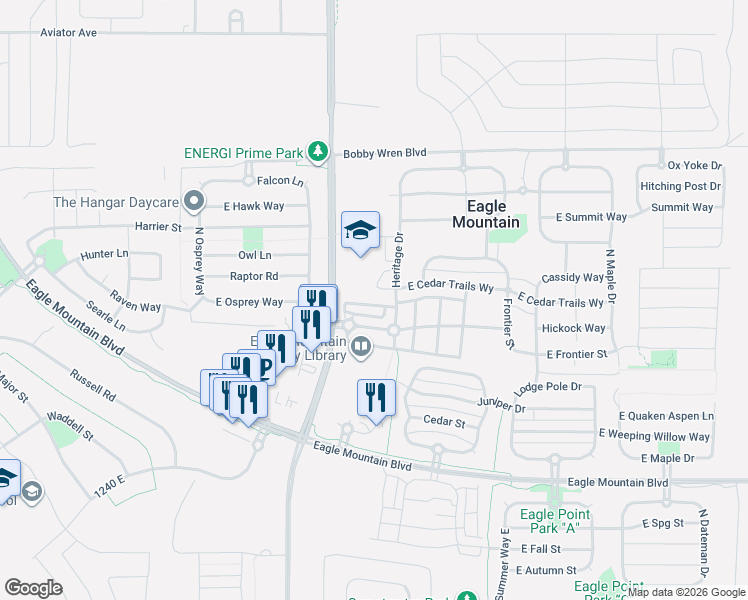 map of restaurants, bars, coffee shops, grocery stores, and more near 4384 Stone Creek Way in Eagle Mountain