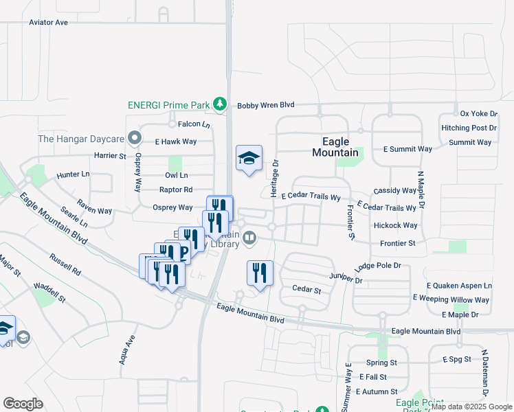 map of restaurants, bars, coffee shops, grocery stores, and more near 1658 E Talon Way in Eagle Mountain