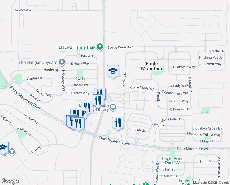 map of restaurants, bars, coffee shops, grocery stores, and more near 1658 E Talon Way in Eagle Mountain