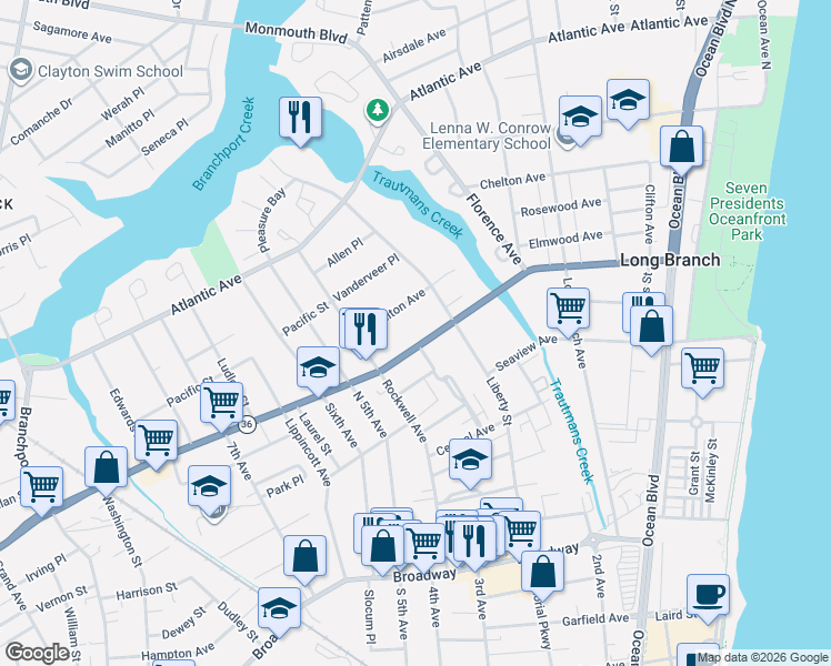 map of restaurants, bars, coffee shops, grocery stores, and more near 249 Joline Avenue in Long Branch