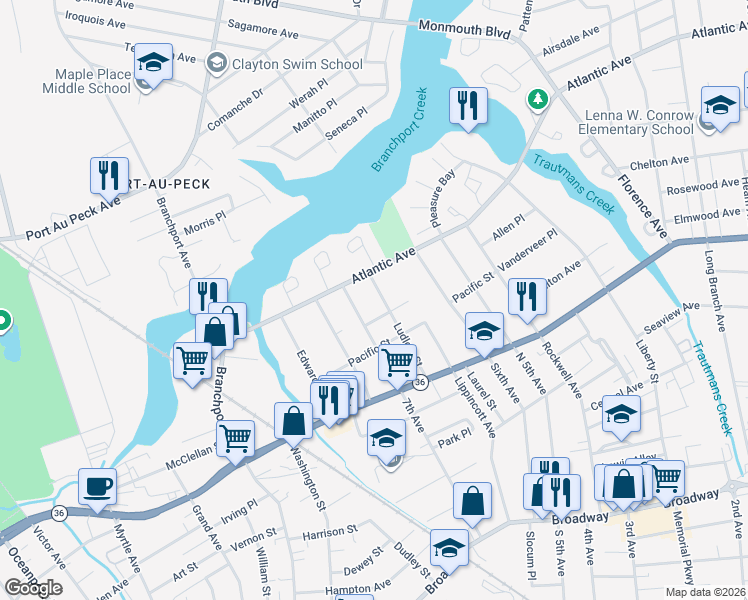 map of restaurants, bars, coffee shops, grocery stores, and more near 5 Eldora Terrace in Long Branch
