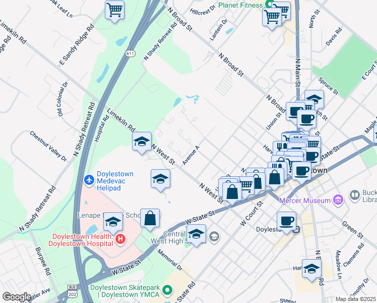 map of restaurants, bars, coffee shops, grocery stores, and more near 117 Westbury Court in Doylestown