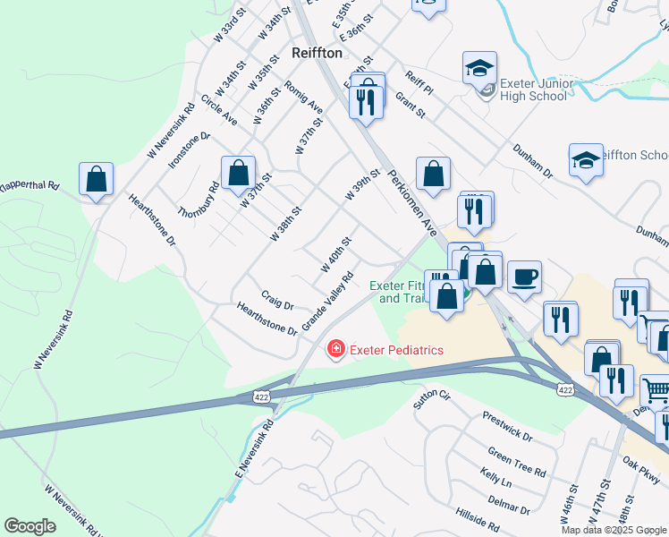 map of restaurants, bars, coffee shops, grocery stores, and more near 217 West 40th Street in Reading