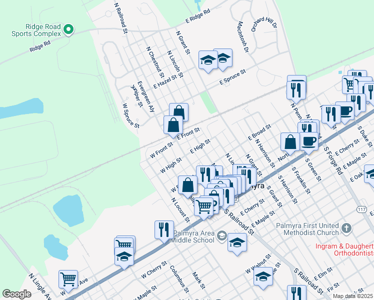 map of restaurants, bars, coffee shops, grocery stores, and more near 303 North Railroad Street in Palmyra