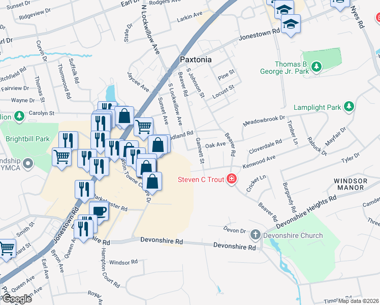 map of restaurants, bars, coffee shops, grocery stores, and more near 5401 Oak Avenue in Harrisburg