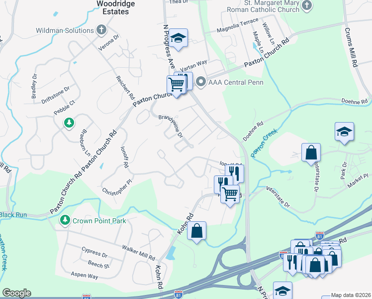 map of restaurants, bars, coffee shops, grocery stores, and more near 2267 Highland Circle in Harrisburg