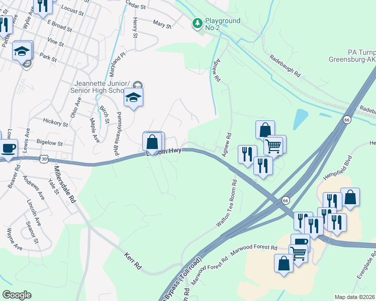 map of restaurants, bars, coffee shops, grocery stores, and more near 45-57 Lincoln Hwy in Greensburg