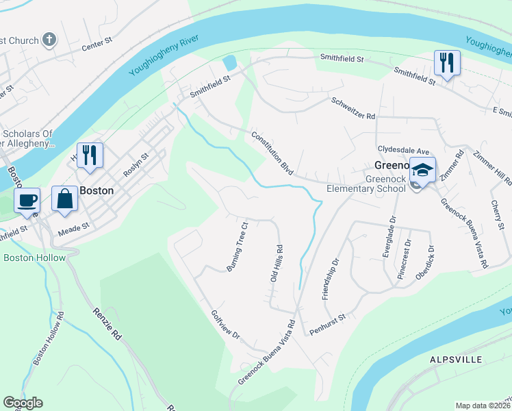 map of restaurants, bars, coffee shops, grocery stores, and more near 933 Old Hills Road in McKeesport