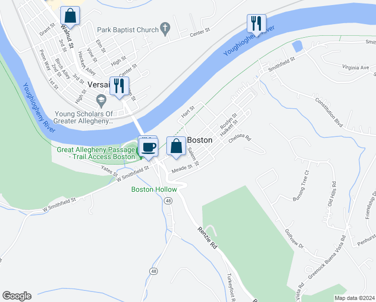 map of restaurants, bars, coffee shops, grocery stores, and more near 5810 Smithfield Street in McKeesport