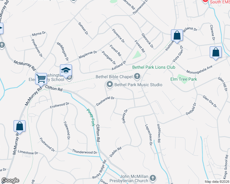 map of restaurants, bars, coffee shops, grocery stores, and more near 5946 Dashwood Drive in Bethel Park