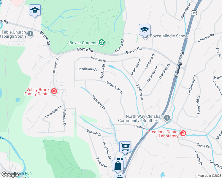 map of restaurants, bars, coffee shops, grocery stores, and more near 2660 Merryoak Lane in Pittsburgh