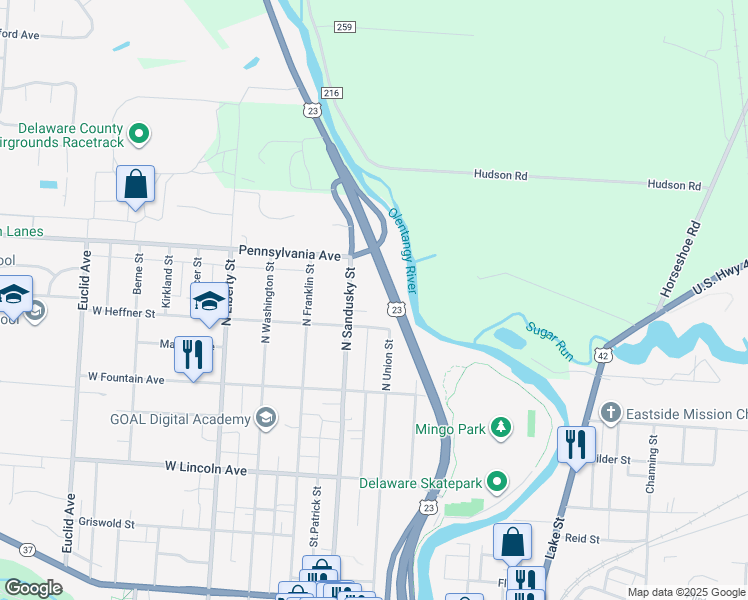map of restaurants, bars, coffee shops, grocery stores, and more near 39 East Heffner Street in Delaware