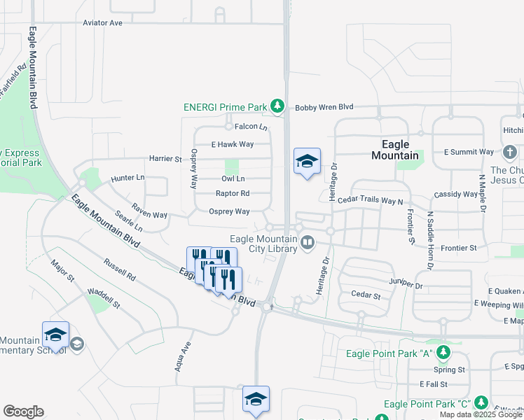 map of restaurants, bars, coffee shops, grocery stores, and more near 1515 East Osprey Way in Eagle Mountain