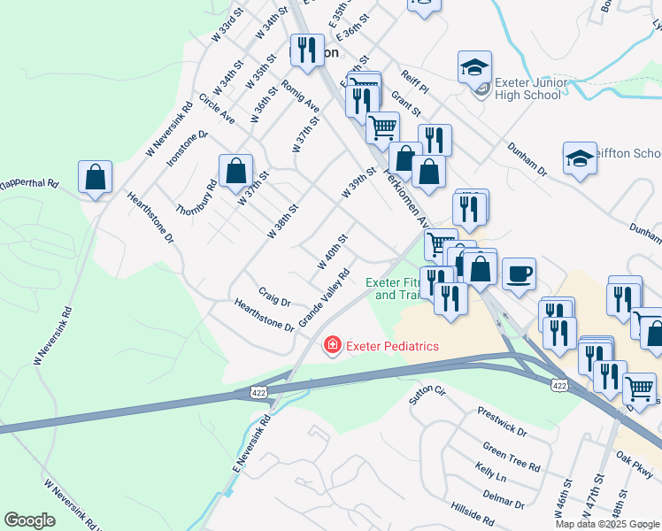 map of restaurants, bars, coffee shops, grocery stores, and more near 217 West 40th Street in Reading