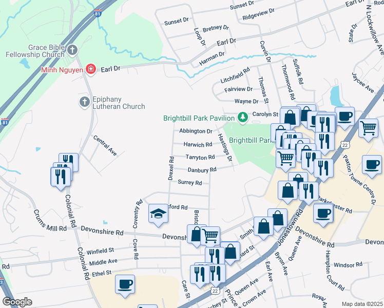 map of restaurants, bars, coffee shops, grocery stores, and more near 4610 Tarryton Road in Harrisburg