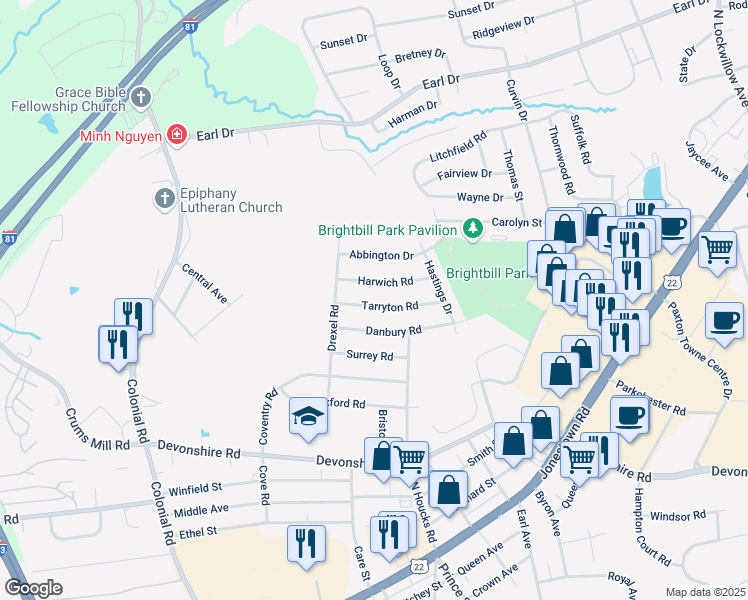 map of restaurants, bars, coffee shops, grocery stores, and more near 4610 Tarryton Road in Harrisburg