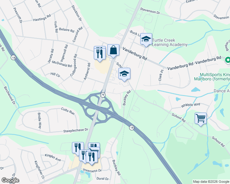 map of restaurants, bars, coffee shops, grocery stores, and more near 19 South Main Street in Marlboro