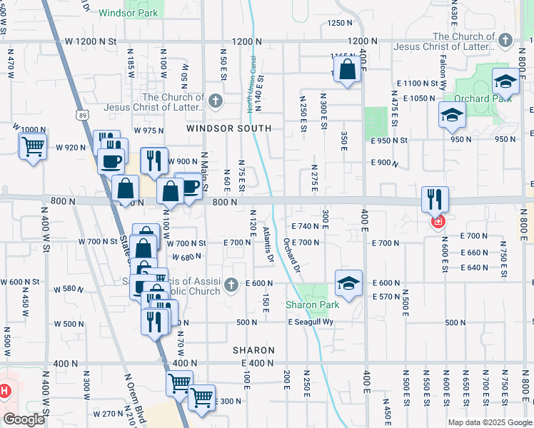 map of restaurants, bars, coffee shops, grocery stores, and more near 151 East 750 North Street in Orem