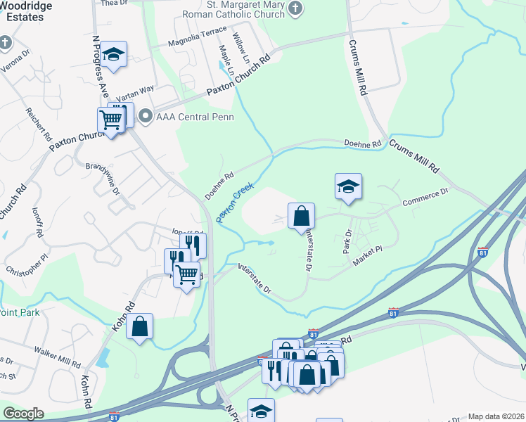 map of restaurants, bars, coffee shops, grocery stores, and more near 2679 Alessandro Boulevard in Harrisburg