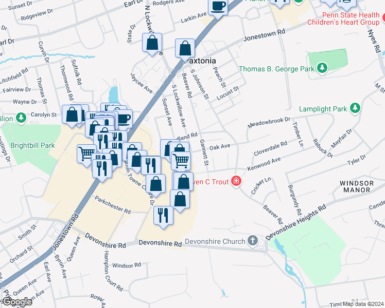 map of restaurants, bars, coffee shops, grocery stores, and more near 5401 Oak Avenue in Harrisburg