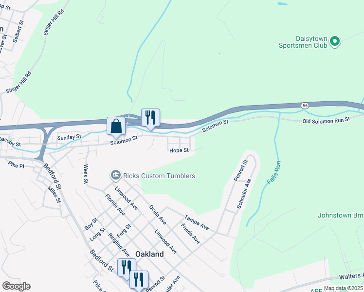 map of restaurants, bars, coffee shops, grocery stores, and more near 1347 Hope Street in Johnstown