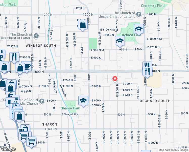 map of restaurants, bars, coffee shops, grocery stores, and more near 448 780 North in Orem