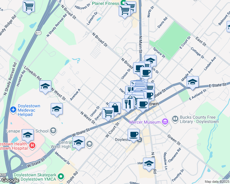 map of restaurants, bars, coffee shops, grocery stores, and more near 125 North Hamilton Street in Doylestown