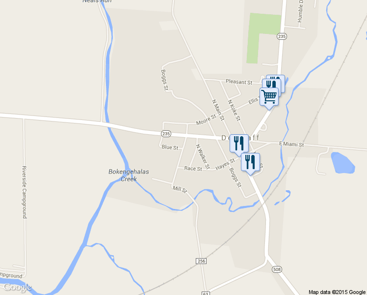 map of restaurants, bars, coffee shops, grocery stores, and more near 110 North Mill Street in De Graff