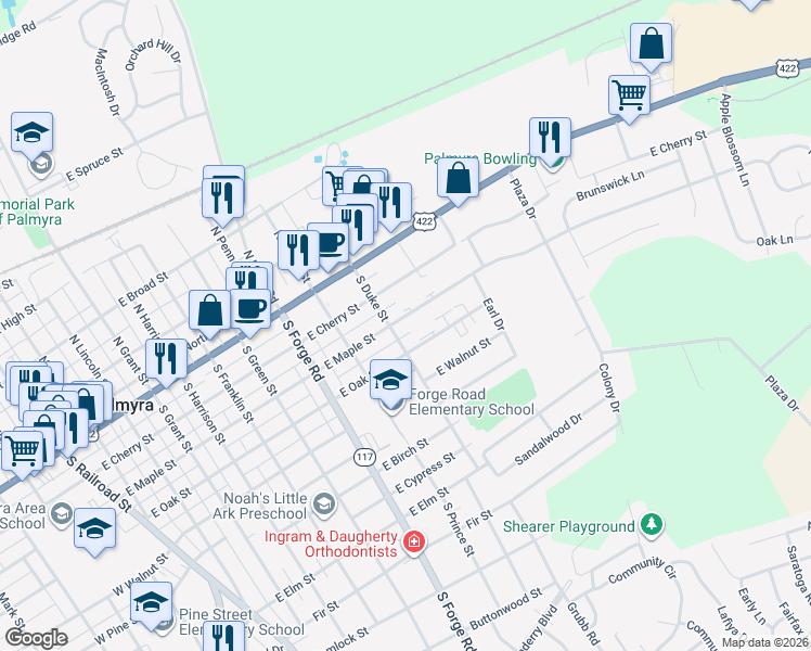 map of restaurants, bars, coffee shops, grocery stores, and more near 842 East Maple Street in Palmyra