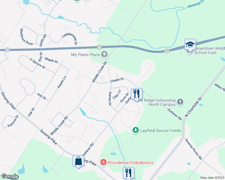 map of restaurants, bars, coffee shops, grocery stores, and more near 101 Dove Drive in Gilbertsville