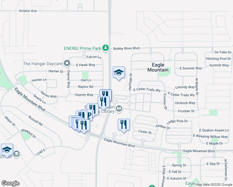 map of restaurants, bars, coffee shops, grocery stores, and more near 1653 E Talon Way in Eagle Mountain