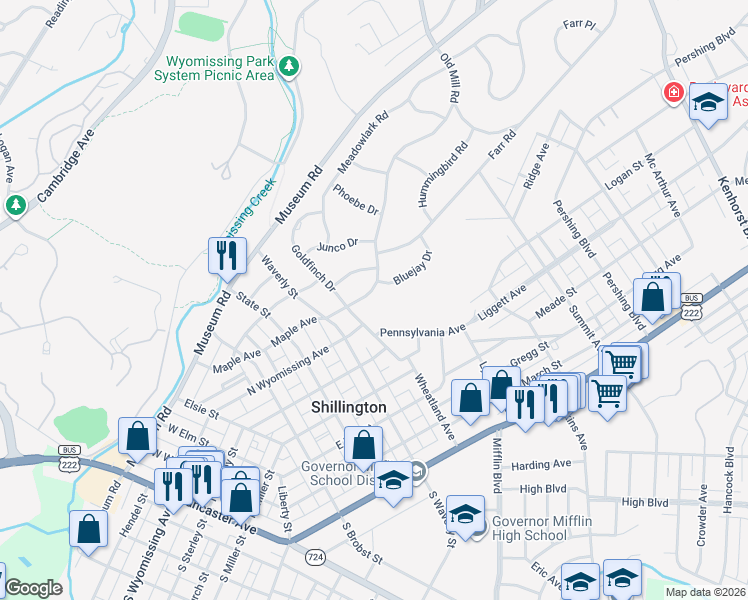 map of restaurants, bars, coffee shops, grocery stores, and more near 1505 Old Mill Road in Wyomissing