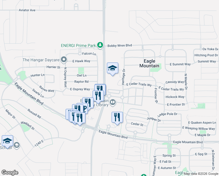 map of restaurants, bars, coffee shops, grocery stores, and more near 1645 E Talon Way in Eagle Mountain