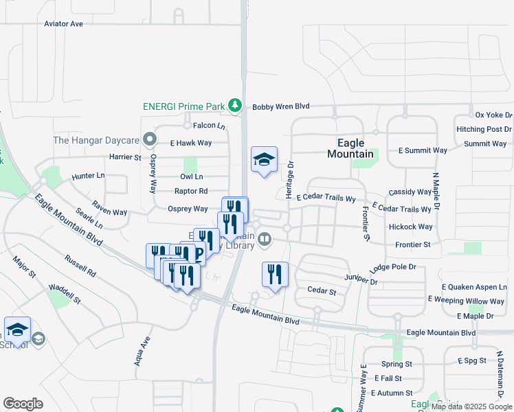 map of restaurants, bars, coffee shops, grocery stores, and more near 1645 E Talon Way in Eagle Mountain