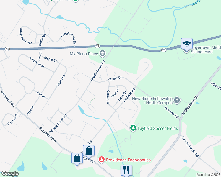 map of restaurants, bars, coffee shops, grocery stores, and more near 101 Dove Drive in Gilbertsville