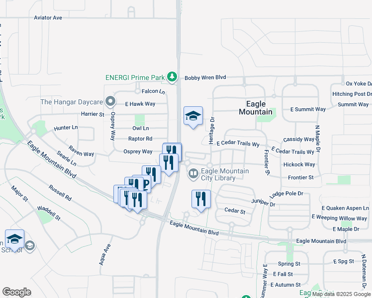 map of restaurants, bars, coffee shops, grocery stores, and more near 1637 E Talon Way in Eagle Mountain