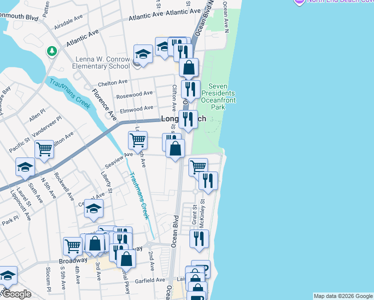 map of restaurants, bars, coffee shops, grocery stores, and more near 67 Seaview Avenue in Long Branch