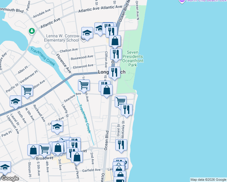 map of restaurants, bars, coffee shops, grocery stores, and more near 67 Seaview Avenue in Long Branch