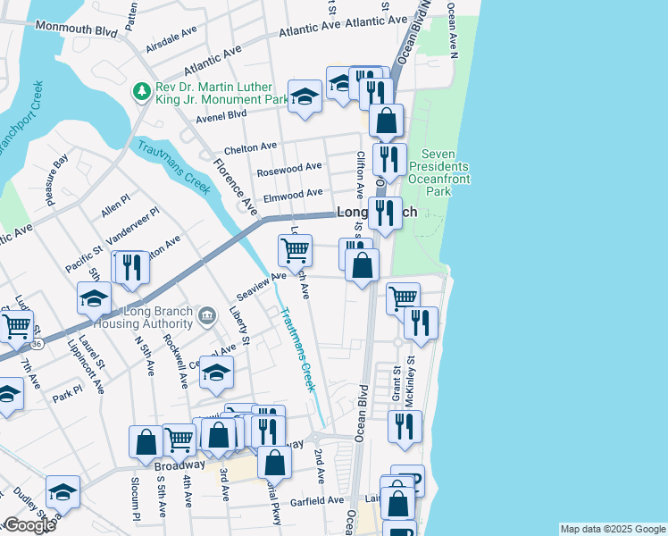 map of restaurants, bars, coffee shops, grocery stores, and more near 136 Seaview Avenue in Long Branch