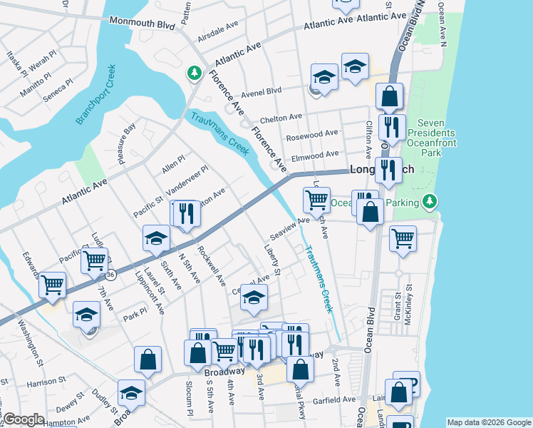 map of restaurants, bars, coffee shops, grocery stores, and more near 187 Liberty Street in Long Branch