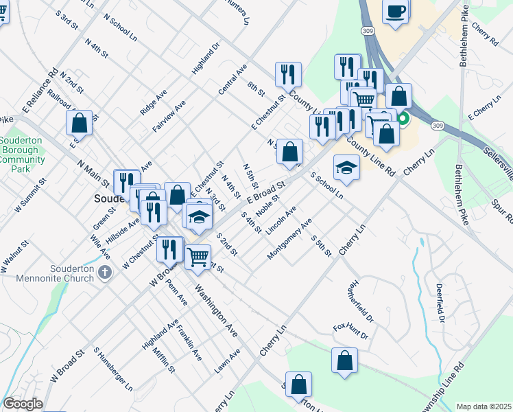 map of restaurants, bars, coffee shops, grocery stores, and more near 412 Noble Street in Souderton