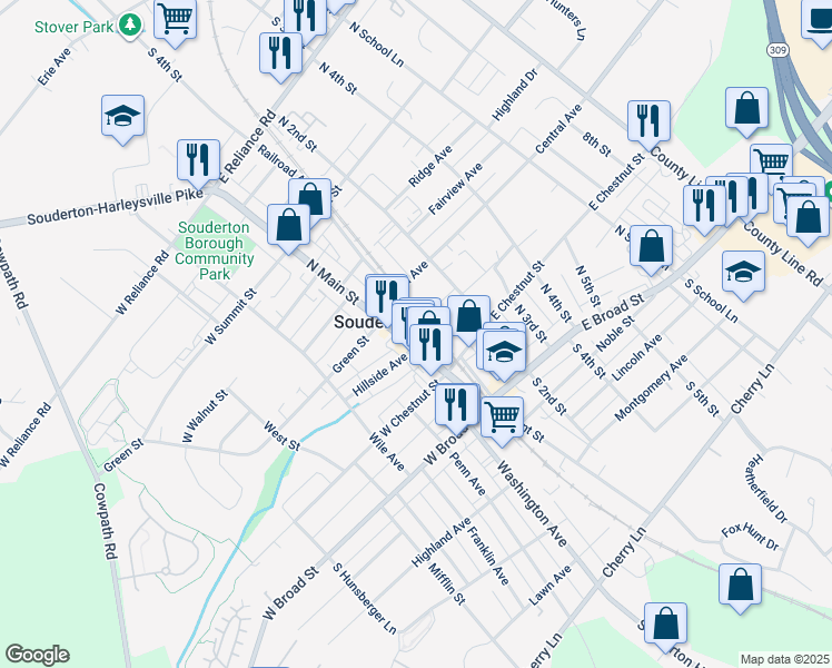 map of restaurants, bars, coffee shops, grocery stores, and more near 142 North Main Street in Souderton
