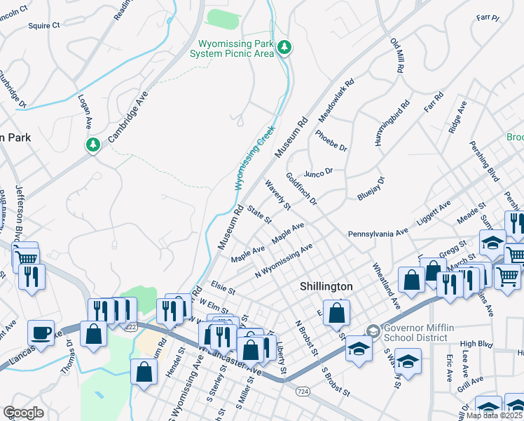 map of restaurants, bars, coffee shops, grocery stores, and more near 705 State Street in Shillington