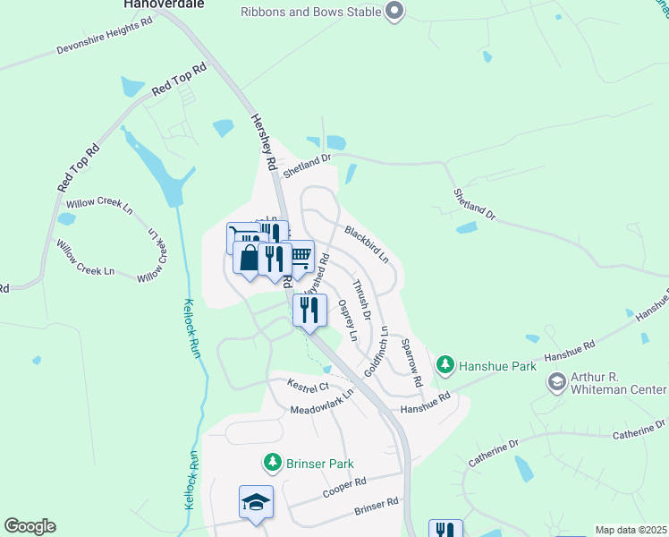 map of restaurants, bars, coffee shops, grocery stores, and more near 262 Osprey Lane in Hummelstown