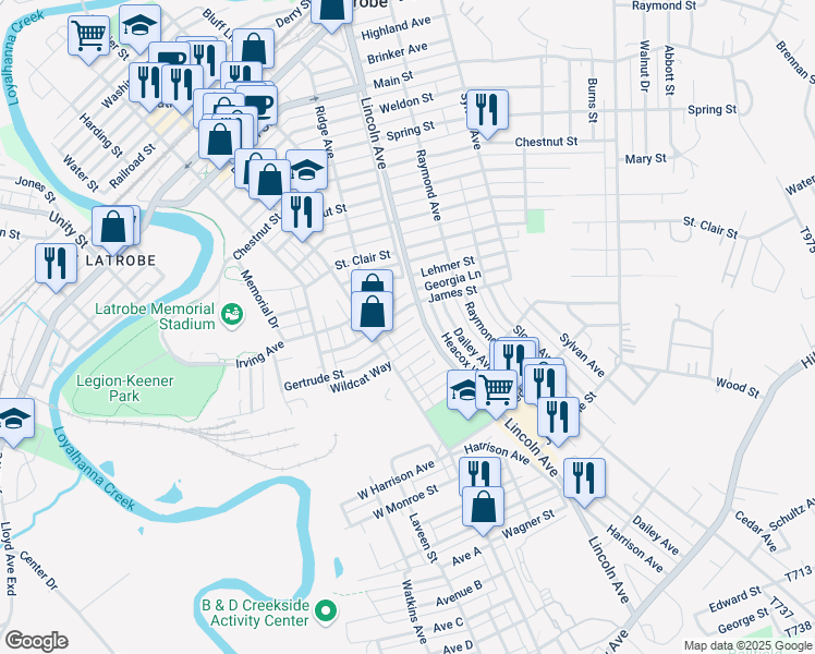 map of restaurants, bars, coffee shops, grocery stores, and more near 331 Gertrude Street in Latrobe