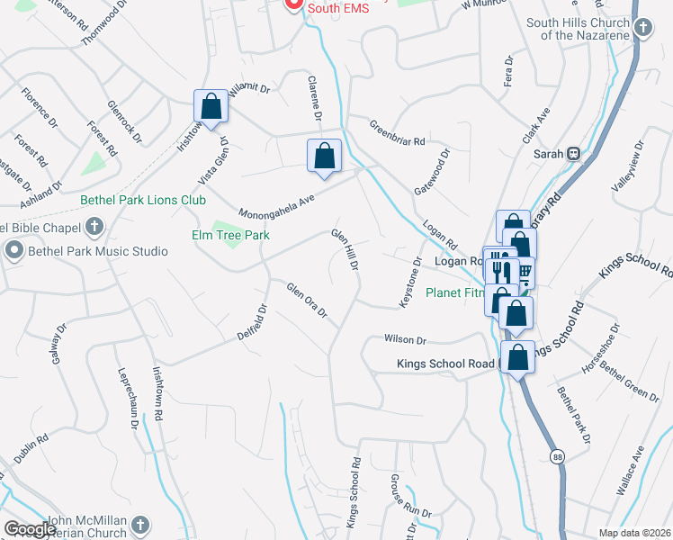 map of restaurants, bars, coffee shops, grocery stores, and more near 1241 McKnight Drive in Bethel Park