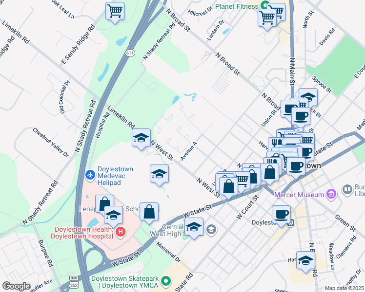 map of restaurants, bars, coffee shops, grocery stores, and more near 106 Westbury Court in Doylestown