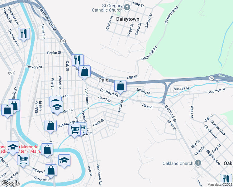 map of restaurants, bars, coffee shops, grocery stores, and more near 919 Bedford Street in Johnstown