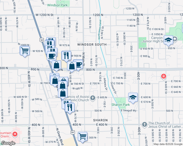 map of restaurants, bars, coffee shops, grocery stores, and more near 44 East 800 North in Orem